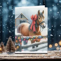 Pretty Brown Horse with Bow And Barn Christmas Card