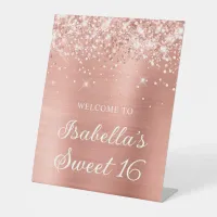 Glittery Pink Peach Foil Sweet 16 Welcome Pedestal Sign