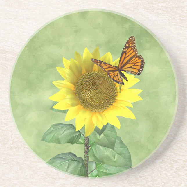 Pretty Yellow Sunflower and Orange Butterfly Coaster
