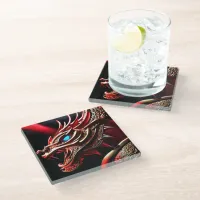 Fire breathing dragon red and gold scales glass coaster