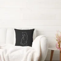 Sitting Black Cat Silhouette | Black Background Throw Pillow