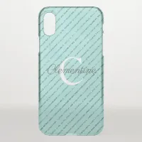 Elegant Teal Blue Glitter Stripes Monogram iPhone XS Case