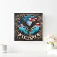 Majestic Eagle Over Mountains and American Flag Square Wall Clock