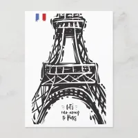 *~* Eiffel Tower Paris Black Outline White Postcard