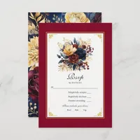 Gold, Navy Blue, and Burgundy Floral Wedding RSVP Card