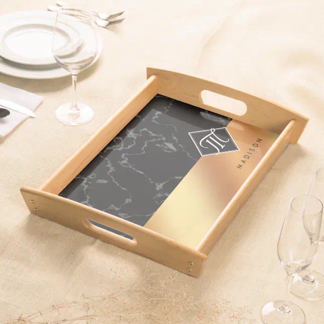 Elegant Black Marble & Copper Foil Script Monogram Serving Tray