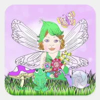 Whimsical Little Elf Fairy, Mushroom and Butterfly Square Sticker