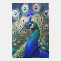 Gorgeous peacock with teal and gold plumage kitchen towel