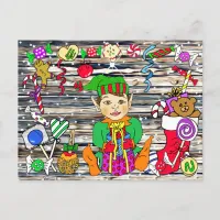 Whimsical Candy surrounded Festive Elf Postcard