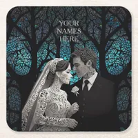 Beautiful wedding couple on a blue Tree of Life Square Paper Coaster