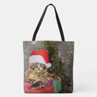 Maine Coon Cat Santa & Gifts Christmas Tree Behind Tote Bag