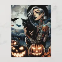 Tattooed Witch with Black Cat and Full Moon Postcard