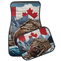 Canadian Beaver With Flag and Lodge in Nature Car Floor Mat