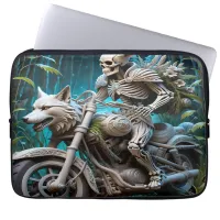 skeleton on a chopper mounted with a wolf head laptop sleeve