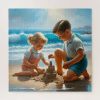 A Little Girl and Boy Building a Sandcastle   Jigsaw Puzzle