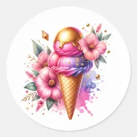 Pretty Pink and Gold Ice Cream Cone Birthday Classic Round Sticker