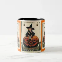 Vintage Halloween Girl on Jack o'Lantern Two-Tone Coffee Mug