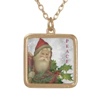 *~* AP40 Vintage Santa and Holly PEACE Gold  Gold Plated Necklace