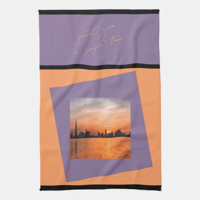 Sunset over a seaside town - Art towel