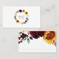 Sunflowers Burgundy Red Roses Fall Autumn Wedding Place Card