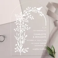 Modern White Bird and Branch Wedding Acrylic Invitations