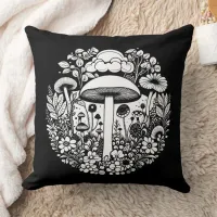 Black and White Retro Mushrooms and Flowers Throw Pillow