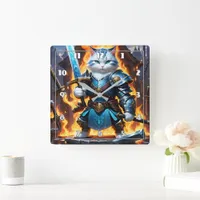 Fierce Cat Warrior in Battle Armor With Sword Square Wall Clock