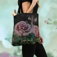 Pink Roses on Black  Tote Bag