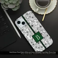 Hand Drawn White Floral Pattern and Green Monogram iPhone 15 Plus Case