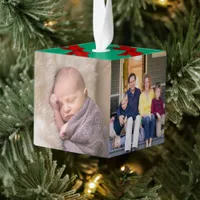 Four Family Photos Red Ribbon on Green Christmas Cube Ornament