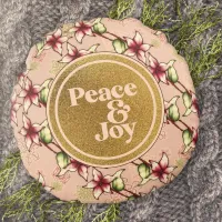 Peace and Joy Pink Poinsettia Christmas Round Pillow