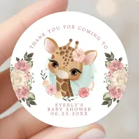 Cute Floral Giraffe Girl Baby Shower Thank You Classic Round Sticker