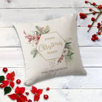 Simple Watercolor Botanical Family Name Christmas Throw Pillow