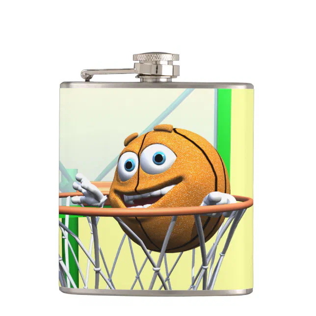Funny Cartoon Basketball in a Hoop Hip Flask