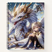 Anime Girl and White and Gold Dragon Monogrammed Notebook