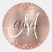 Glittery Rose Gold Foil Black and White Monogram Classic Round Sticker