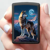 Wolf Howling Under Lunar Glow Zippo Lighter