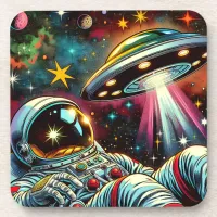 Astronaut Floating in Space with a UFO Ai  Art Beverage Coaster