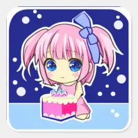 Cute Little Anime Girl with Birthday Cake Square Sticker
