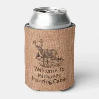 Personalized Rustic Burlap with Deer Illustration Can Cooler