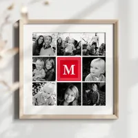 Red Monogram Family Photo Collage Poster