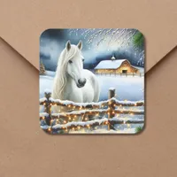 Pretty White Horse Farm Christmas  Square Sticker