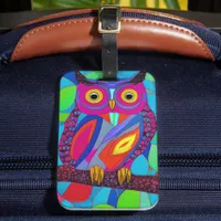 Whimsical Owl with Colorful Feathers Luggage Tag