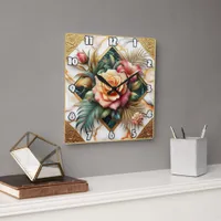 Elegant Floral Arrangement With Roses And Leaves Square Wall Clock