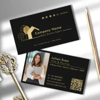 Modern House Logo Photo Black and Gold Realtor Business Card