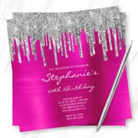 Silver Glitter Drips Hot Pink Foil 60th Birthday Invitation