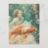 Woman wears Dress with Goldfish Fantasy Swimming Postcard