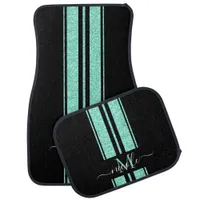 Aqua Blue Glitter + Black Stripe Monogram Metallic Car Floor Mat