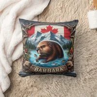 Canadian Beaver Near Mountains and Maple Leaves Throw Pillow