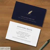 Navy Blue Gold Quill Logo Business Card